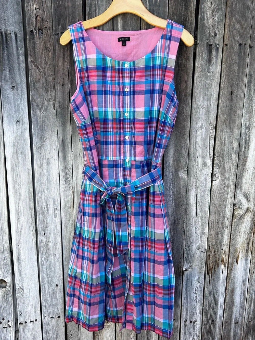 Talbots Madras Plaid Button Front Shirtdress Belted Cotton Pink Blue 12 - Picture 1 of 16